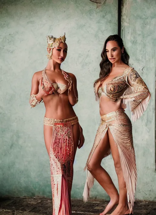 Prompt: portrait of lindsey pelas and gal gadot wearing kebaya in balinese temple, by charlotte grimm, natural light, detailed face, beautiful features, symmetrical, canon eos c 3 0 0, ƒ 1. 8, 3 5 mm, 8 k, medium - format print, half body shot