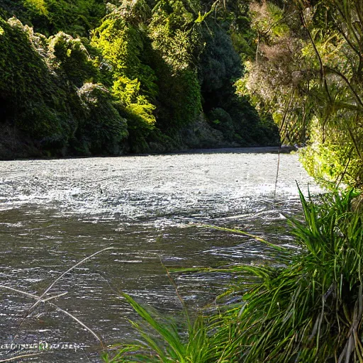 Prompt: From the pa we pulled up the Waiwhetu River, which there had lofty Rimu trees on its banks. The various bends were very beautiful and secluded, and seemed to be the home of the grey duck and teal, and numerous other wild fowl. Here and there, on the bank, was a patch of cultivation, and the luxuriant growth of potatoes, taros, and. Kumara, indicated the richness of the soil. As seen from the ship, or the hills, a lofty pine wood appeared to occupy the whole breadth and length of the Hutt Valley, broken only by the stream and its stony margin. This wood commenced about a mile from the sea, the intervening space being a sandy flat and a flax marsh. About the Lower Hutt and the Taita, it required a good axe-man to clear in a day a space large enough to pitch a tent upon. New Zealand. Aerial photography. Sunset, misty, wilderness.