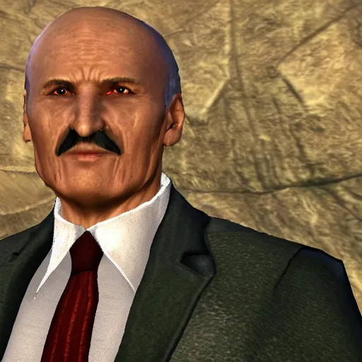 Prompt: Alexander Lukashenko wearing a suit and tie in Balmora in Elder Scrolls III: Morrowind, outdated 2002 Morrowind graphics