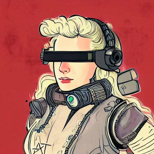 Image similar to highly detailed character concept art of stoic heroic emotionless square-jawed butch blonde tattooed woman engineer looking to side, wearing steampunk goggles and dirty ripped flight suit, on primitive planet, portrait, illustration, pulp sci fi, science fiction