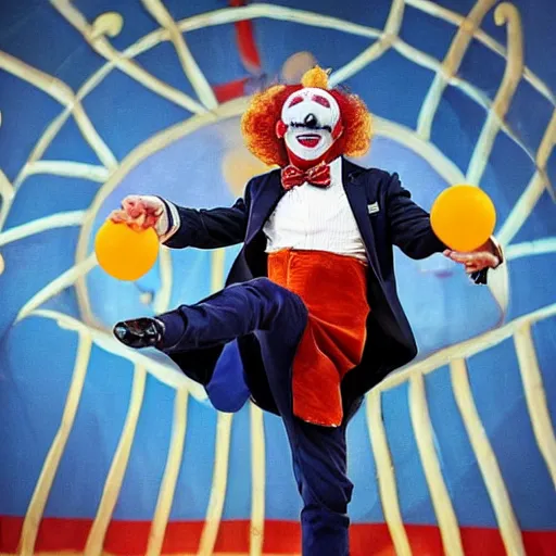 Image similar to emmanuel macron as a clown in a circus, full body shot, highly - detailed, sharp focus, award - winning