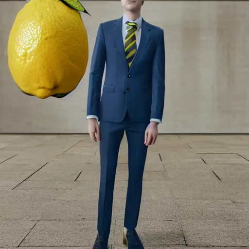 Image similar to a man wearing a suit lemon head