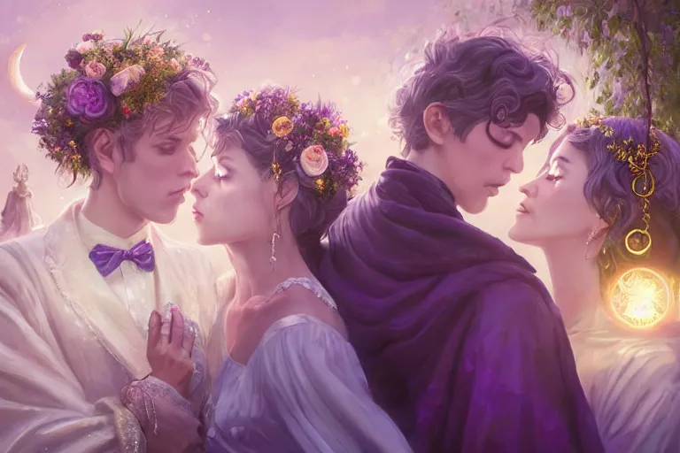 Image similar to a dreamlike cinematic portrait of wedding photograph close up moment of a divine a russia sun god and moon goddess lovers magician at a wedding banquet. portraiture. digital painting. artstation. concept art. fantasy wedding photo. digital painting, 8 k realistic, hyper detailed, violet evergarden art masterpiece by art by krenz cushart