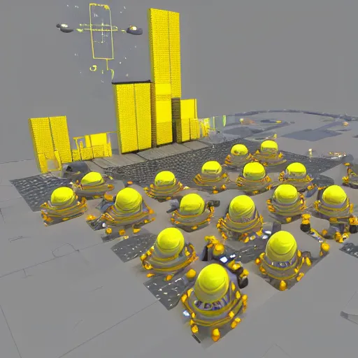 Image similar to a technical blueprint, voxel based world, space mining station on the surface of mars, myriad of interconnected yellow drop pod structures, connected via tubes