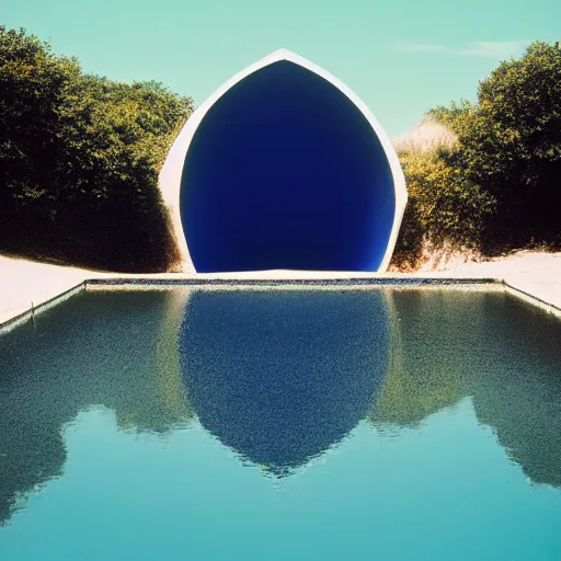 Prompt: a massive Non-Euclidean clay building floating in the ocean, vintage photo, Aubrey Powell, beautiful cinematography, intricate, blue sky, surreal, film grain, symmetrical, James Turrell