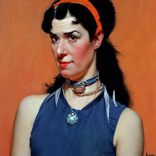 Prompt: Front portrait of an amused woman with black hair and ice blue eyes, wearing a spiked choker and an orange tank top. A painting by Norman Rockwell.