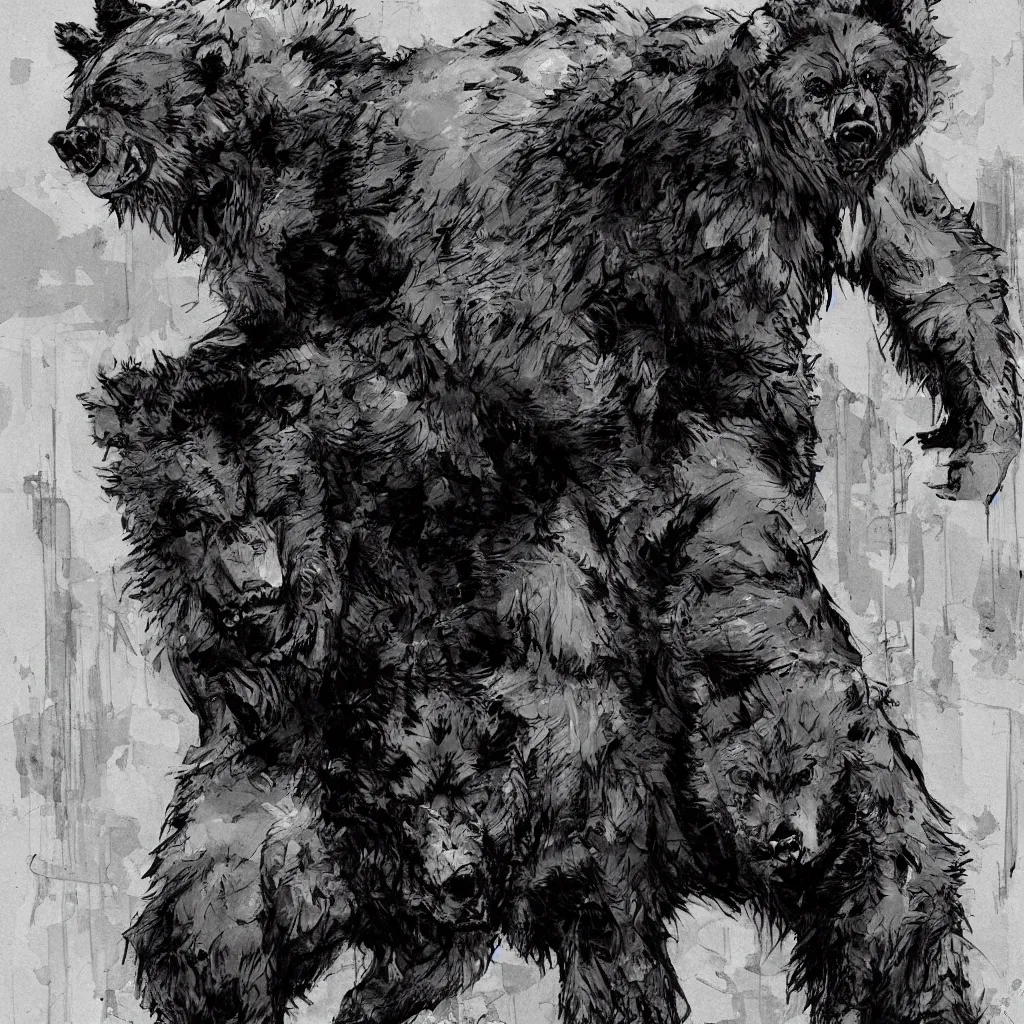 Image similar to large werebear in an alley, in the style of yoji shinkawa