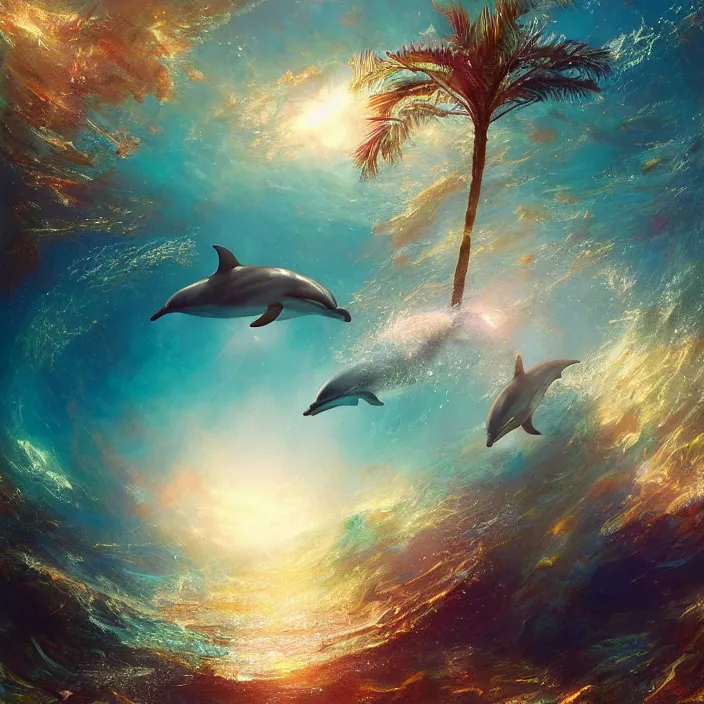 Image similar to dolphins swimming underwater, golden hour, god rays, coral reef, dreamscape by artgerm and ruan jia and ismail inceoglu and greg olsen, cosmos, milky way galaxy, masterpiece, beautiful, intricate, elegant, highly detailed, palm trees