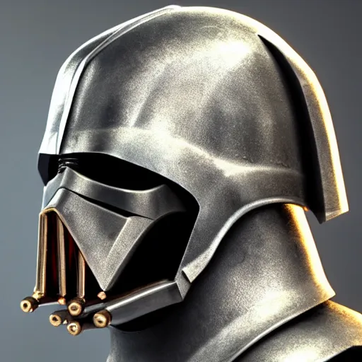 Image similar to realistic templar knight helm design inspired by darth vader, epic scale, character concept art, face symmetry, intricate accurate details, artstation trending, octane render, cinematic color grading, soft light, rule of thirds, golden ratio, like a professional model, cinematic, 8 k, clear.