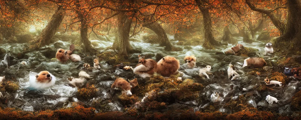 Prompt: wide - angle shot of furry funny creatures bathing in forest stream in autumn, depth of field, zeiss lens, detailed, symmetrical, centered, by nicoletta ceccoli, mark ryden, lostfish, earl nore, hyung tae, frank frazetta, breathtaking, 8 k resolution beautiful artistic, hyperrealistic, octane render