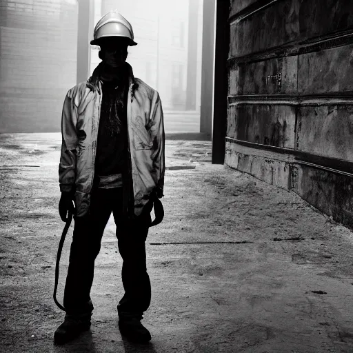 Image similar to a dramatic portrait of worker from europe, cinematic lighting