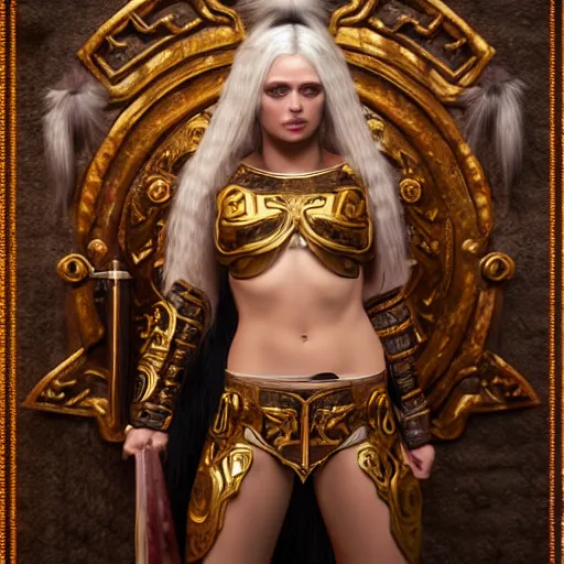 Image similar to a hyperrealistic render of a female valkryie, pronounced nordic feminine features, midriff, ornate metal chest plate with nordic religious decorations, low dutch angle, face in focus, natural lighting, realism, feminine and muscular, unreal engine 5, cinematic, octane