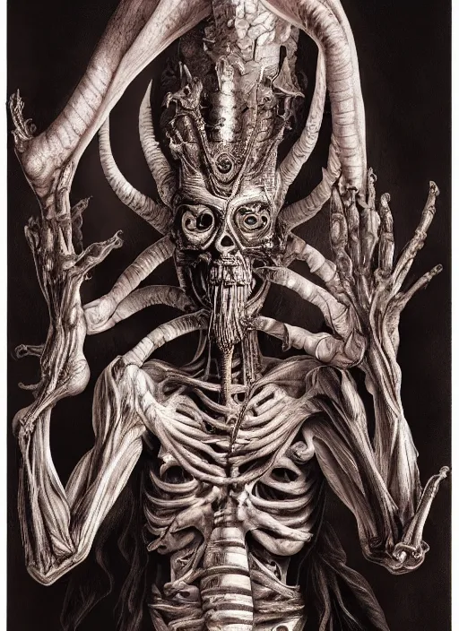 Image similar to portrait of Paimon, one of the kings of hell with translucent skin, visible muscles and veins and arteries and bones and spines and nerves, beautiful detailed intricate insanely detailed octane render, 8k artistic photography, photorealistic, chiaroscuro, by David Cronenberg, Raphael, Caravaggio