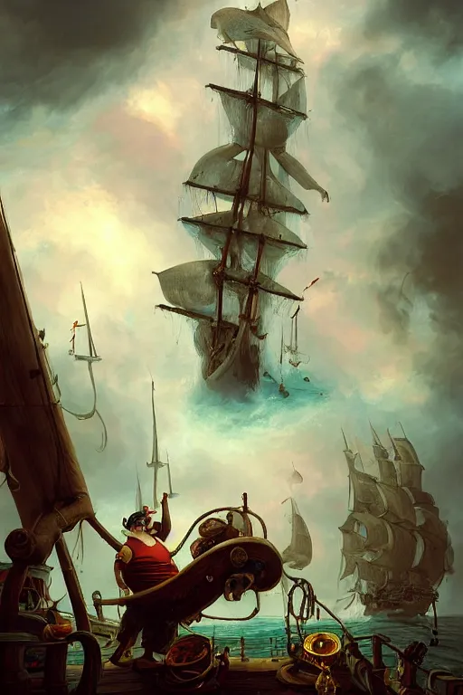 Image similar to mid shot portrait of an obese fat pirate with two peglegs and two hook hands steering a wooden galleon through a rain and lightning storm. view from on deck, sails and masts and rigging, detailed dynamic light painting by peter mohrbacher