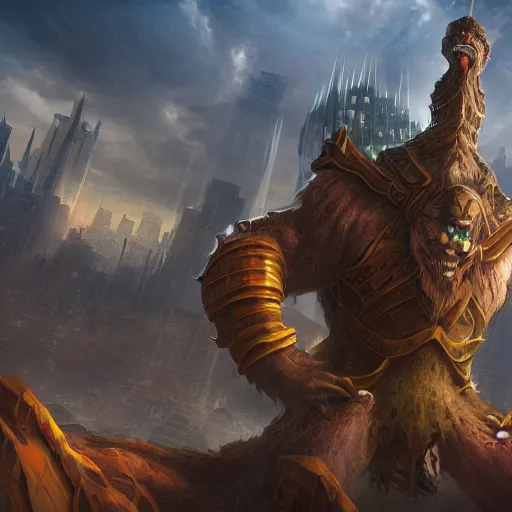 Prompt: giant creature with a city on his shoulders, ultra detailed, well composed, epic, beautiful colors, 8 k