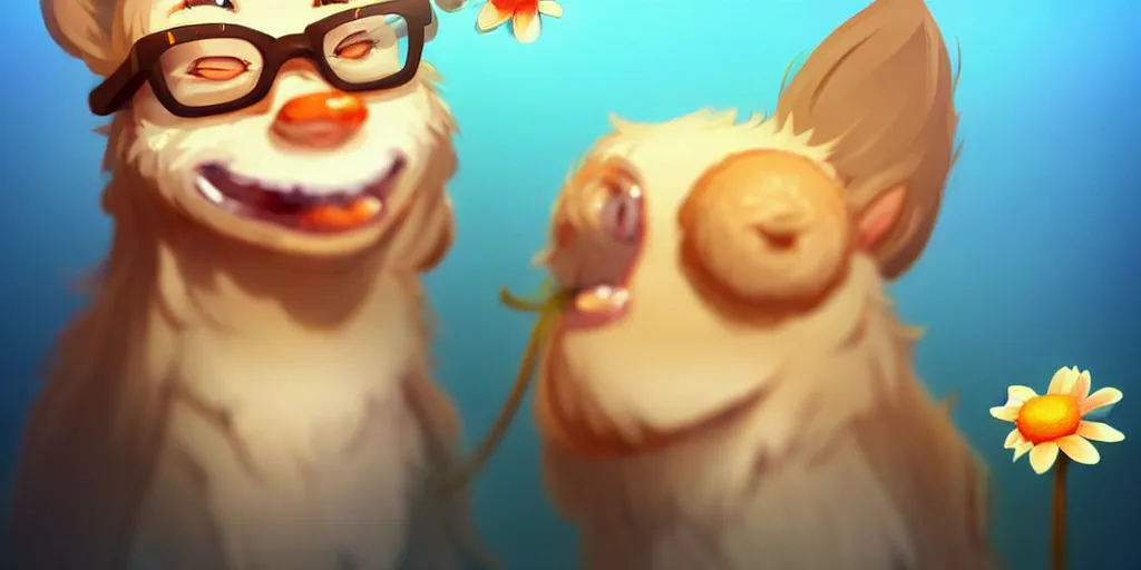 Image similar to epic professional digital art of a cute bread toast smiling wearing 👓!!!! and a blue flower!!!!, best on artstation, cgsociety, much detail, much wow, masterpiece