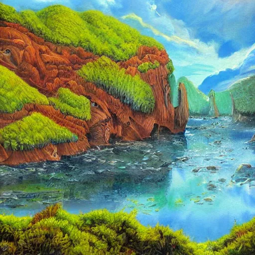 Prompt: detailed painting of a lush natural scene on an alien planet by stephen quiller. beautiful landscape. weird colourful vegetation. cliffs and water.