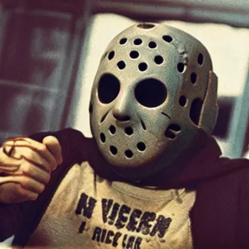 Image similar to photograph of jason voorhees having a coffee at an european caffé