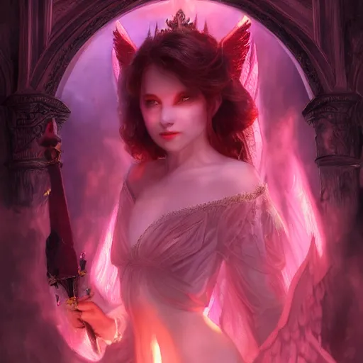 Image similar to young vampire princess with burning wings in a pink castle 4 k high definition gorgeous dramatic lighting artstation trending path traced contrast light and dark cinematic breathtaking by hughes, edward robert, noriyoshi ohrai and hans zatzka