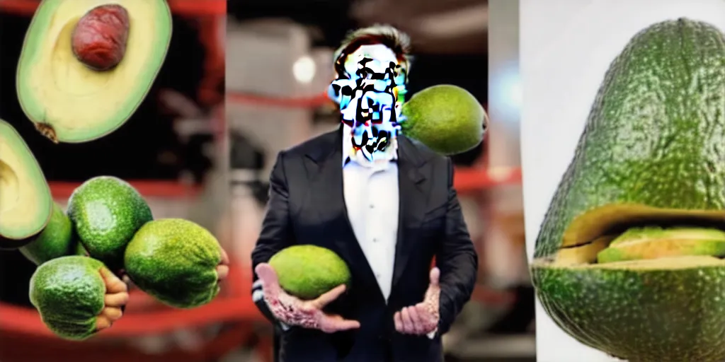 Image similar to elon musk inside of a giant avacado, elon musk sitting in a realistic avacado, hyper realistic, cinematic photogtaphy, fruit celebrity, avacado dream, elon musk dreams of sitting inside of avacados, avacado chairs, avacado halloween costumes, in a boxing ring, photography, cinematic lighting, dramatic feeling