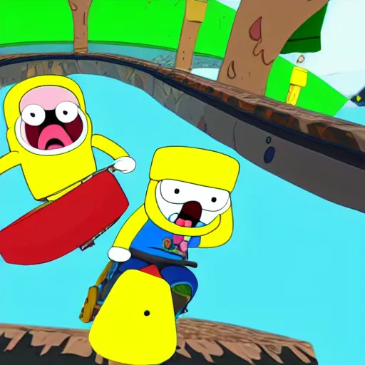 Image similar to adventure time Finn & Jake riding Mario karts level, cartoon video game graphics