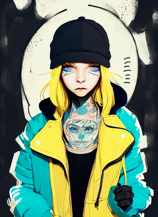 Image similar to highly detailed portrait of a sewer punk lady student, blue eyes, leather hoodie, hat, white hair by atey ghailan, by greg tocchini, by james gilleard, by kaethe butcher, gradient yellow, black, brown and cyan color scheme, grunge aesthetic!!! ( ( graffiti tag wall background ) )