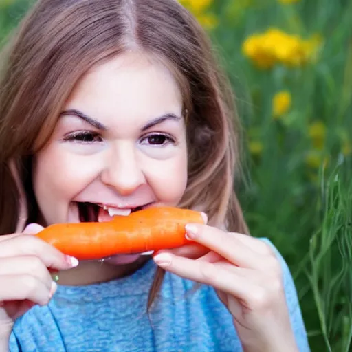 Image similar to a girl with a big teeth and she's eating a carrot photo - realistic