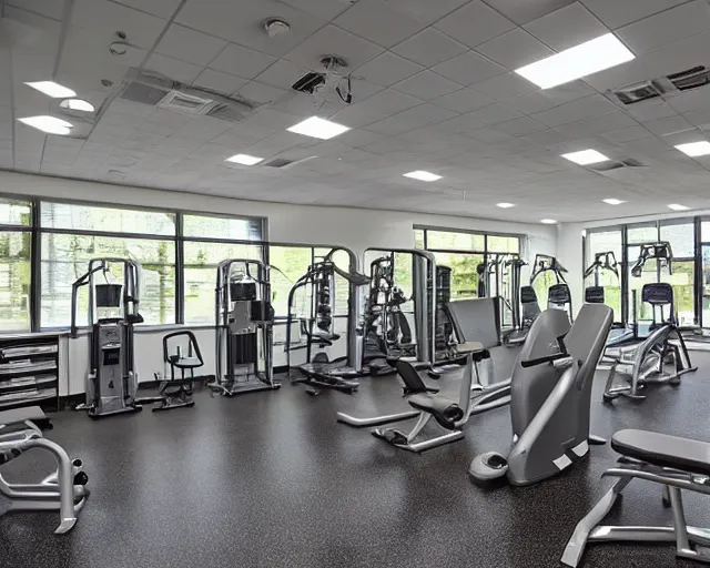 Prompt: “the fitness center of a class a suburban office building”