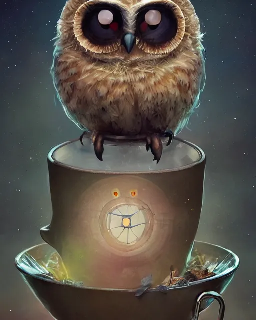 Image similar to long shot of a very cute owl chick nesting in a very futuristic cup, esao andrews, humorous illustration, hyperrealistic, big depth of field, warm colors, night scenery, low light, 3 d octane render, 4 k, conceptart, hyperdetailed, hyperrealistic, trending on artstation