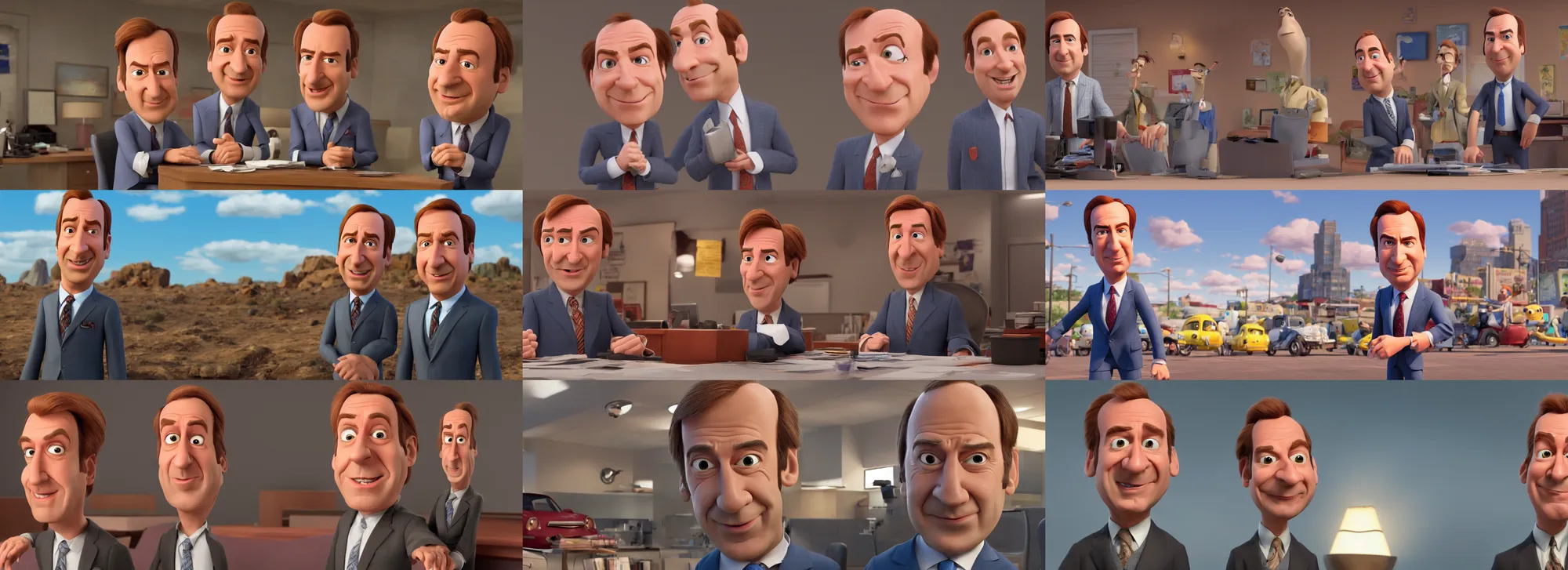 Prompt: a still of saul goodman in a pixar movie. 3 d rendering. unreal engine. amazing likeness. very detailed. cartoon caricature.