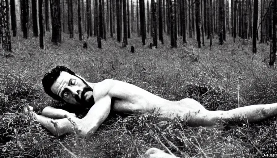Prompt: 1 9 6 0 s movie still close up of a skinny emperor marcus aurelius with frozen face, laying down on the danube's shore pine forests, cinestill 8 0 0 t 3 5 mm b & w, high quality, heavy grain, high detail, cinematic composition, dramatic light, anamorphic, hyperrealistic, very foggy, by irving penn