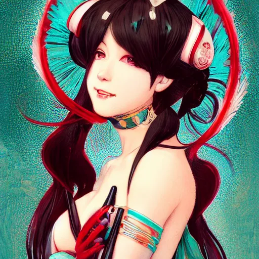 Prompt: a beautiful portrait of hatsune miku with long black and deep red colored hair dressed as a 1 9 6 0 s go - go dancer, intricate, elegant, highly detailed, digital painting, artstation, concept art, matte, sharp focus, illustration, art by greg rutkowski and alphonse mucha