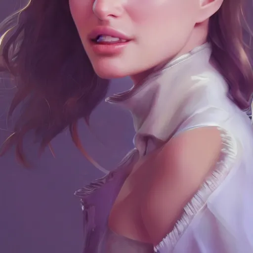 Image similar to realistic detailed semirealism beautiful gorgeous natural cute excited happy Natalie Portman 4K high resolution quality artstyle professional artists WLOP, Aztodio, Taejune Kim, Guweiz, Pixiv, Instagram, Artstation