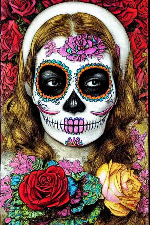 Prompt: Illustration of a sugar skull day of the dead girl, art by william holman hunt