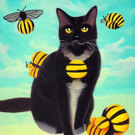 Image similar to a cat with bee's wings oil painting