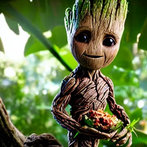 Image similar to baby groot eating banana on island in jungle