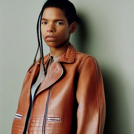 Image similar to realistic photoshooting for a new acne studio lookbook, color film photography, portrait of a beautiful woman, model wearing a leather jacket, by photo in style of tyler mitchell, 3 5 mm,