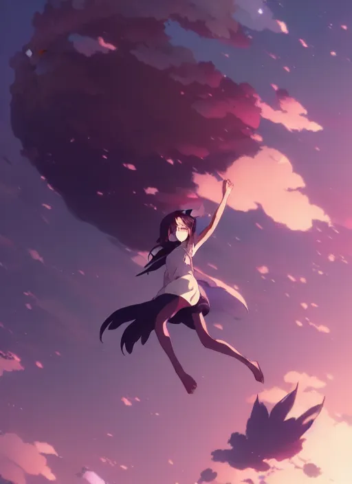 Prompt: girl flying towards a deep abyss in the air, illustration concept art anime key visual trending pixiv fanbox by wlop and greg rutkowski and makoto shinkai and studio ghibli
