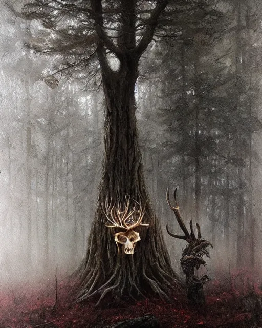 Image similar to oil painting of forest spirit made out of wooden sticks with a deer skull for a face, dark forest, fog, dark fantasy, gloomy, pale colors, by greg rutkowski