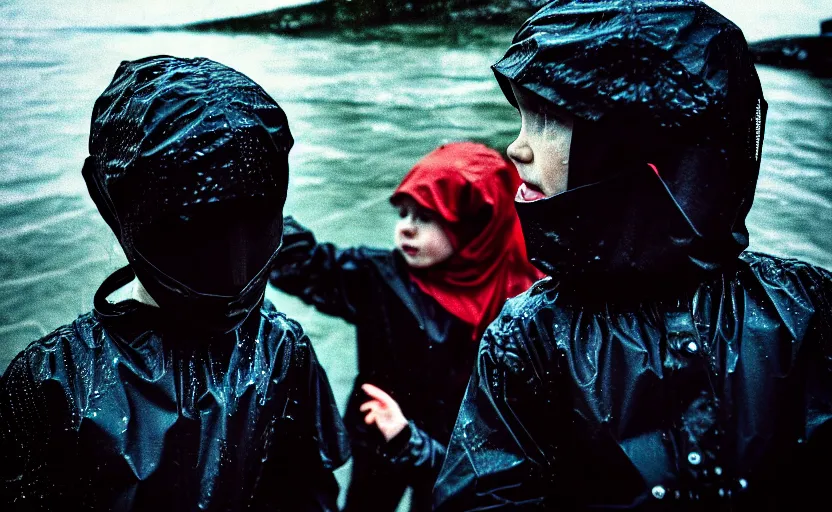 Prompt: cinestill 5 0 d candid photographic portrait by helen levitt of two child androids wearing rugged black mesh techwear in treacherous waters, extreme closeup, modern cyberpunk moody depressing cinematic, pouring rain, 8 k, hd, high resolution, 3 5 mm, f / 3 2, ultra realistic faces, ex machina