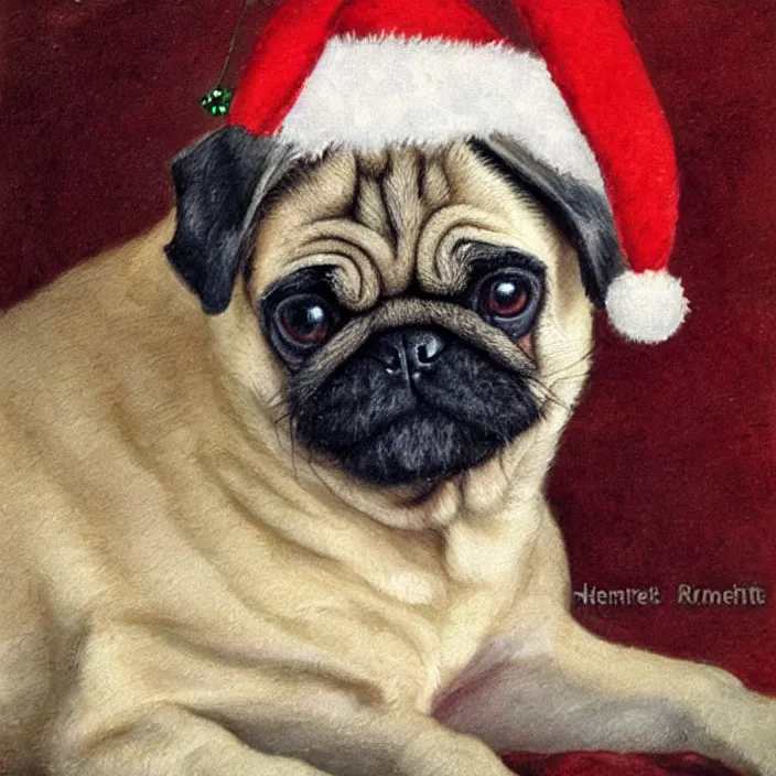 Prompt: cute pug puppy dog wearing a christmas hat by henriette ronner knip