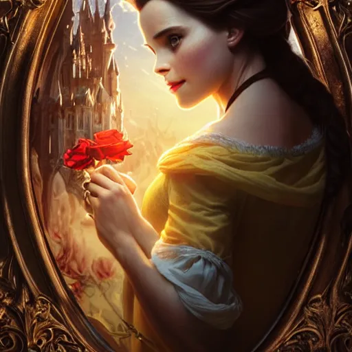 Image similar to belle beauty and the beast ; ultra realistic, concept art, intricate details, eerie, haunting, highly detailed, photorealistic, octane render, 8 k, unreal engine. art by artgerm and greg rutkowski and charlie bowater and magali villeneuve and alphonse mucha