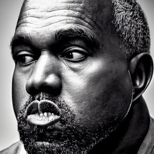 Image similar to the face of old kanye west at 6 6 years old, portrait by julia cameron, chiaroscuro lighting, shallow depth of field, 8 0 mm, f 1. 8