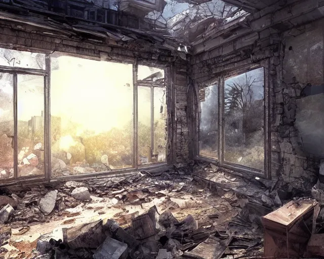 Image similar to an iPhone smartphone in the ruins of a house, rubble, ruins, post-apocalyptic, dust. By Makoto Shinkai, trending on ArtStation, digital art.