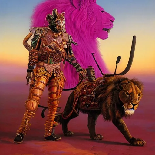 Image similar to a cyberpunk zulu warrior hunting a steampunk lion near a pink lake, by thomas blackshear and android jones, oil on canvas, afrofuturism, 8k