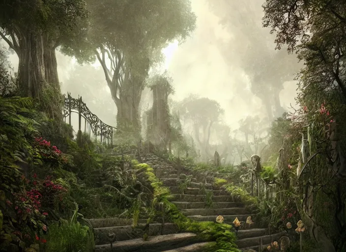 Prompt: secret garden, in the style of pan's labyrinth movie, pathway, stairs, odd looking creatures, spooky, dark, concept art, unreal engine 5, matte painting, artstation, caspar friedrich