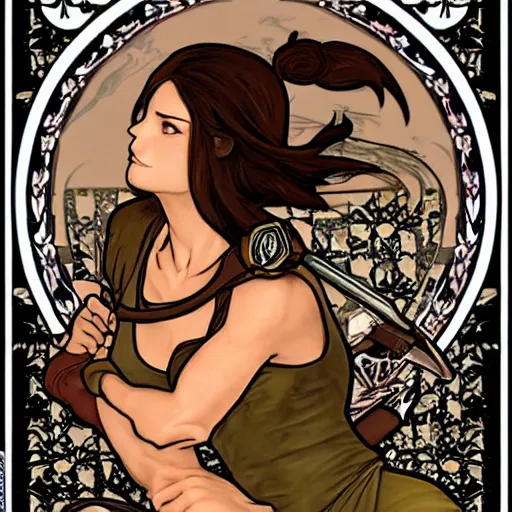 Image similar to lara croft, mucha style,