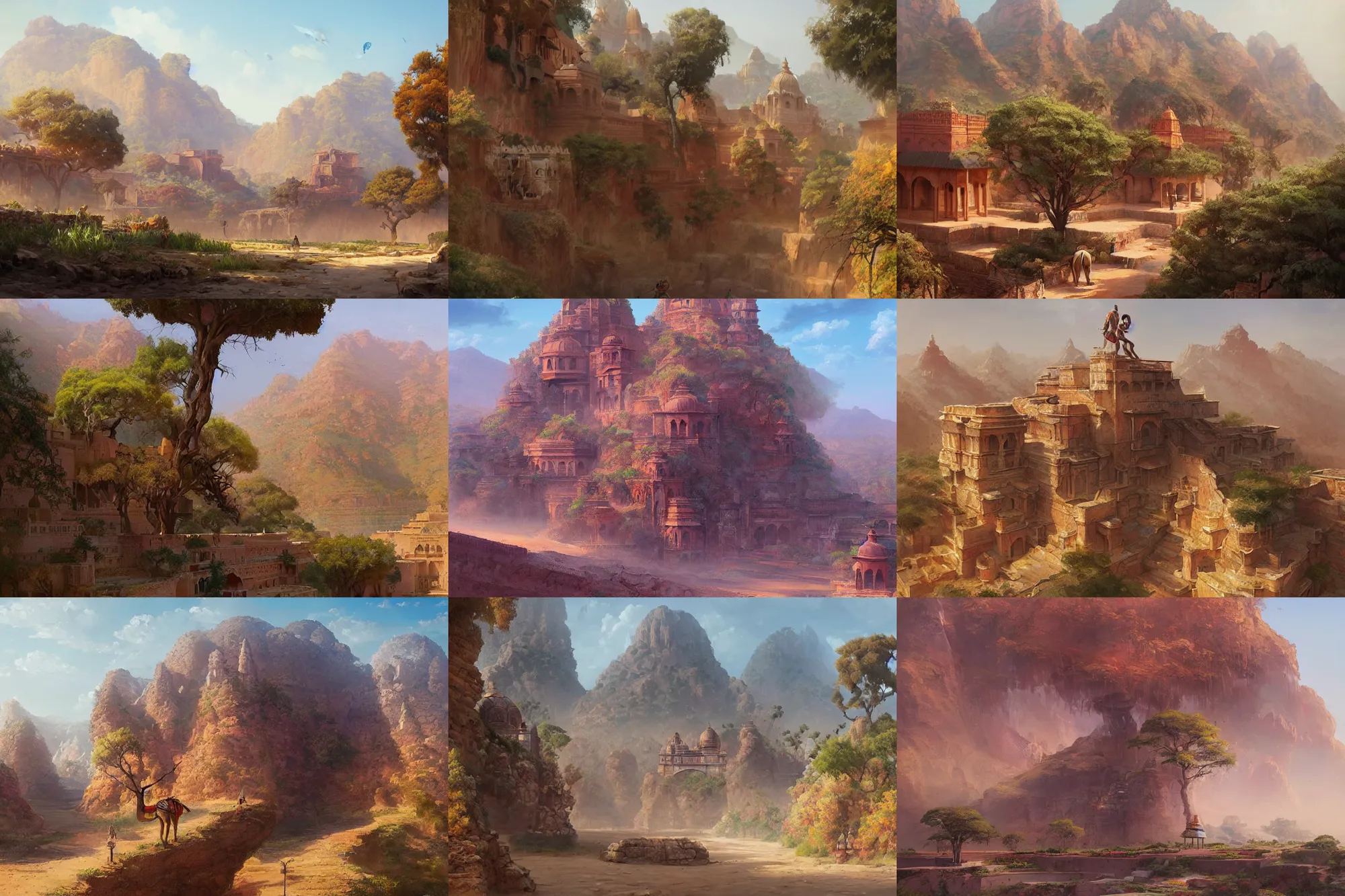 Prompt: rajasthan landscape painting, highly detailed, trending on artstation, concept art, art by artgerm and greg rutkowski and magali villeneuve