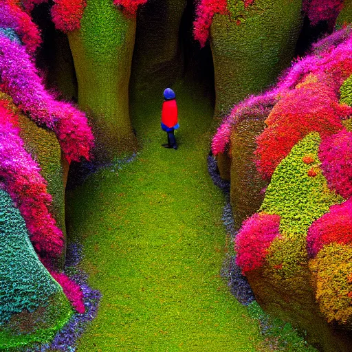 Prompt: a lone medieval traveler standing in a colorful fungus garden in a cave, birds eye view, hiroo isono, dark!!!!!, foggy, cavern, underground!!!!, beetles running through the moss, psychedelic, river running through it