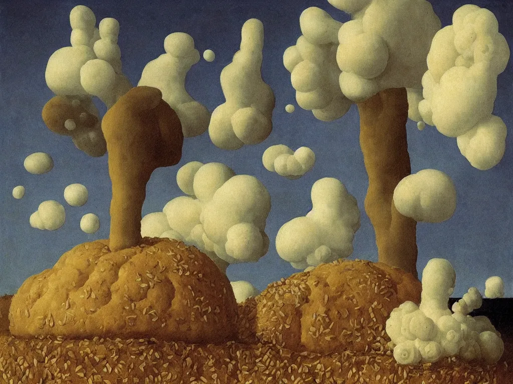 Image similar to fluffy, giant diaphanous fungi mold raising out of an old bread. painting by zurbaran, max ernst, agnes pelton, rene magritte, walton ford